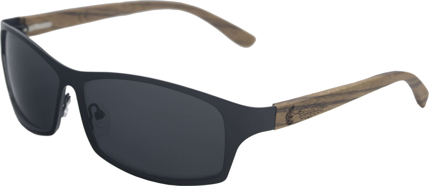Walnut wood classic style sunglasses with semi-transparent grey frame and Black polarized lenses